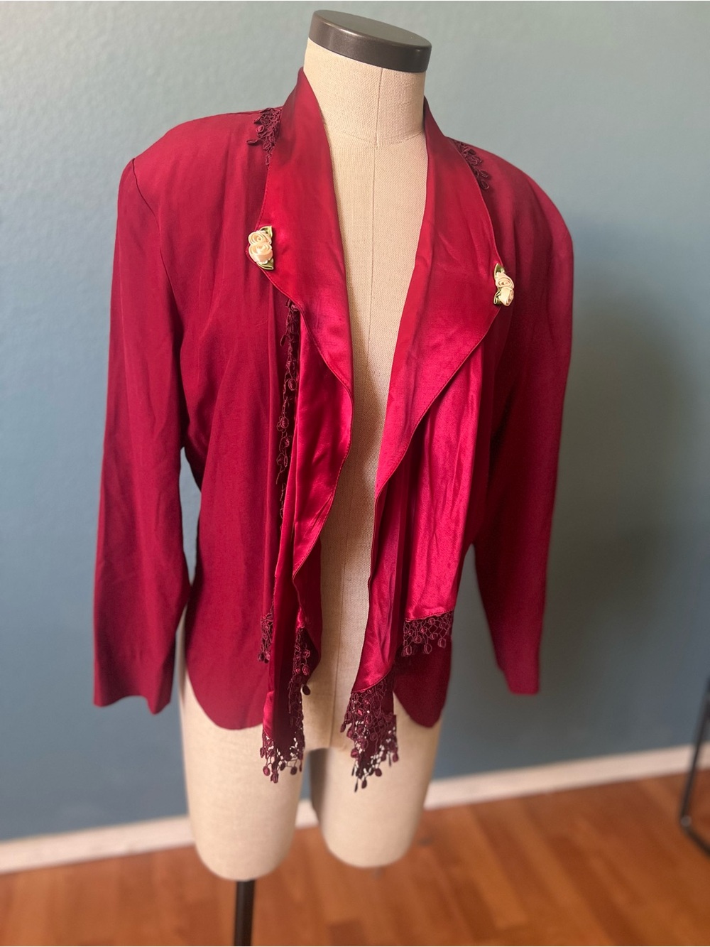 Vintage 80s 90s‎ Wild Rose Burgundy Draped Fringe Open-Front Jacket cutout back
